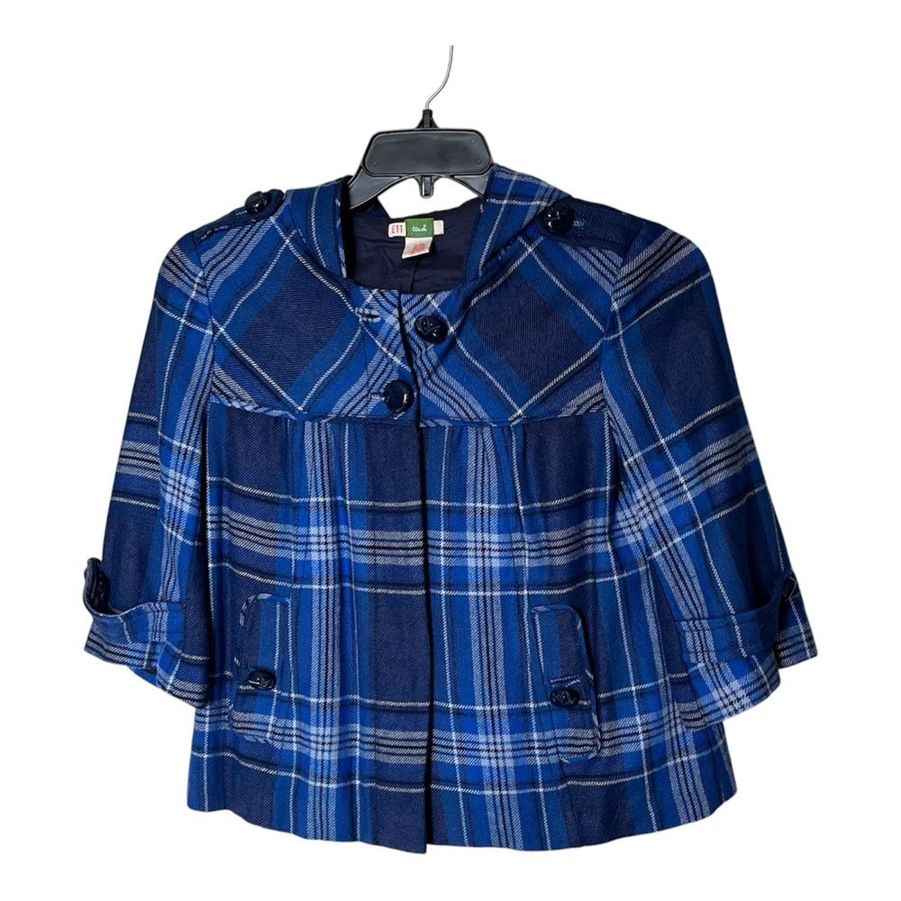Anthropologie Ett Taia Blue Plaid Wool-Blend Hooded Coat 3/4 Sleevejacket Size 6
